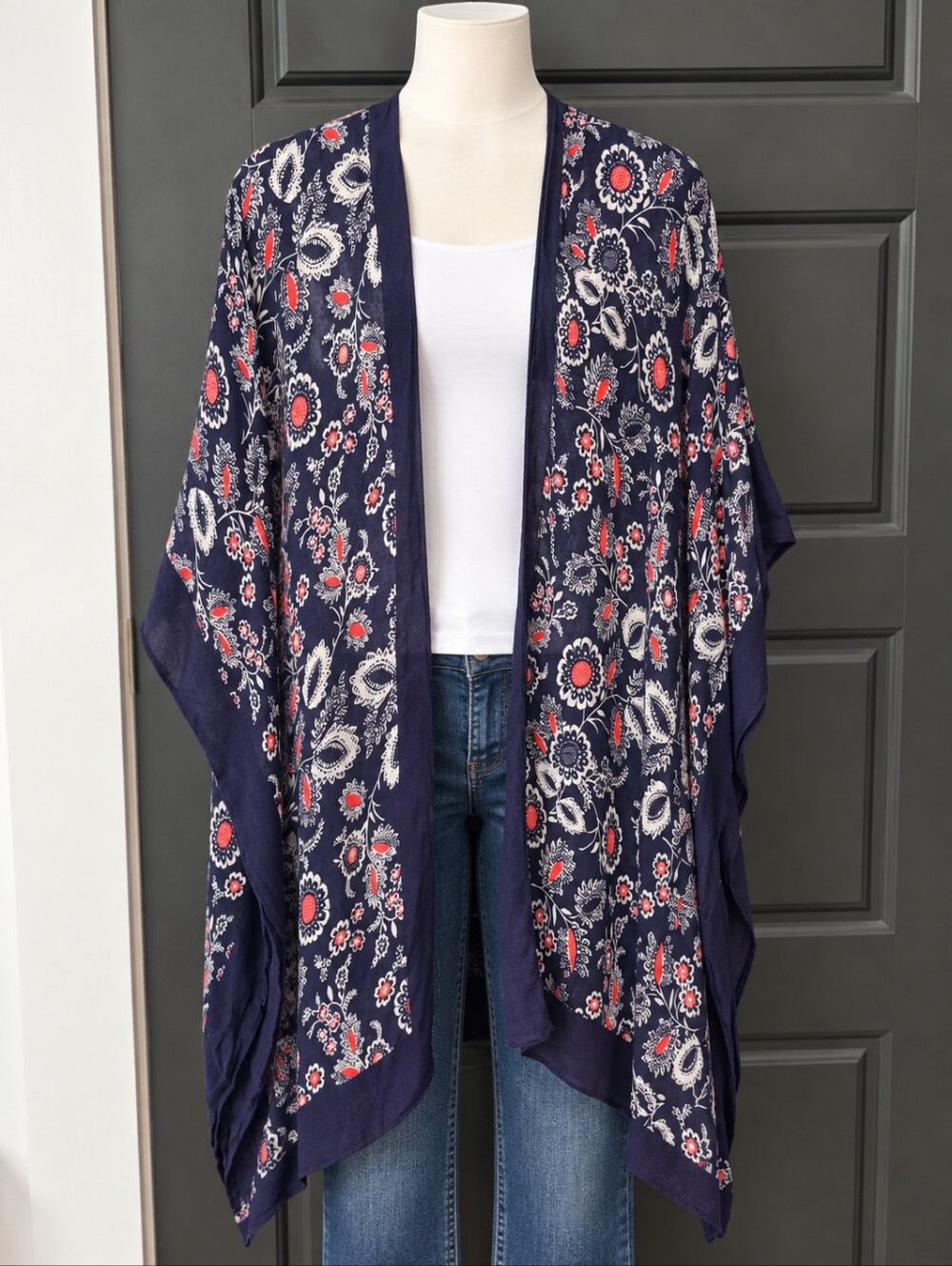 Floral Open-Front Knit Kimono - Navy with Red & White Floral Print